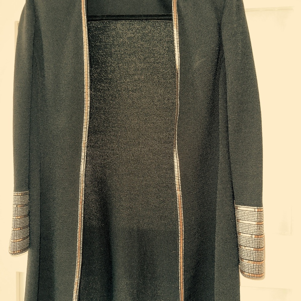 ST JOHN Chic Black Open Front Cardigan with Metallic Trim